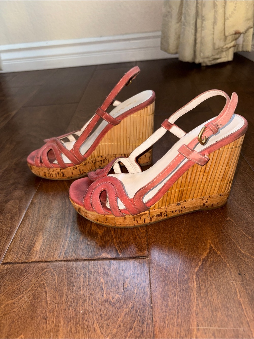 Prada Coral-Peach Leather Slingback Wedge Sandals - Picture 5 of 16